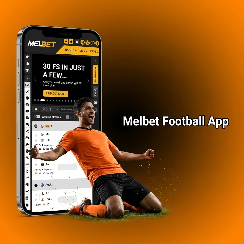 Melbet football betting mobile app interface showing live odds, bet slip and sports navigation on smartphone